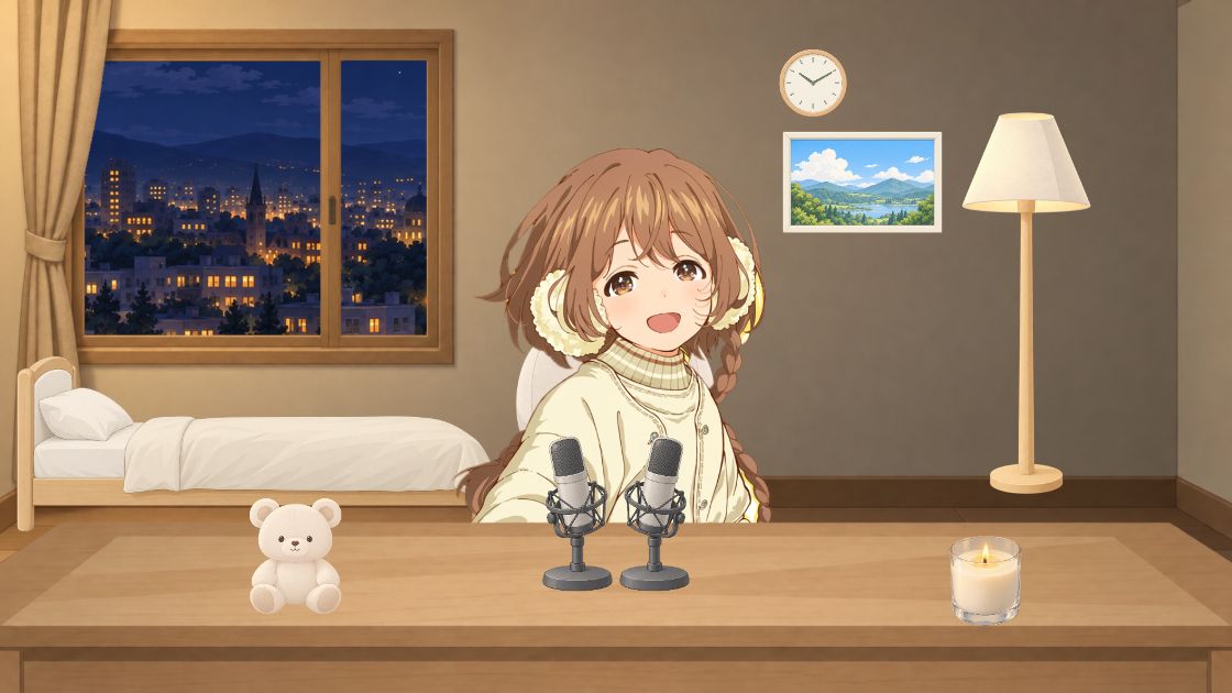 夜景の窓とベッドのある白い部屋で、ASMRマイクの奥に座るキャラクター。卓上ランプと犬とくまのぬいぐるみ、ガラスのキャンドル