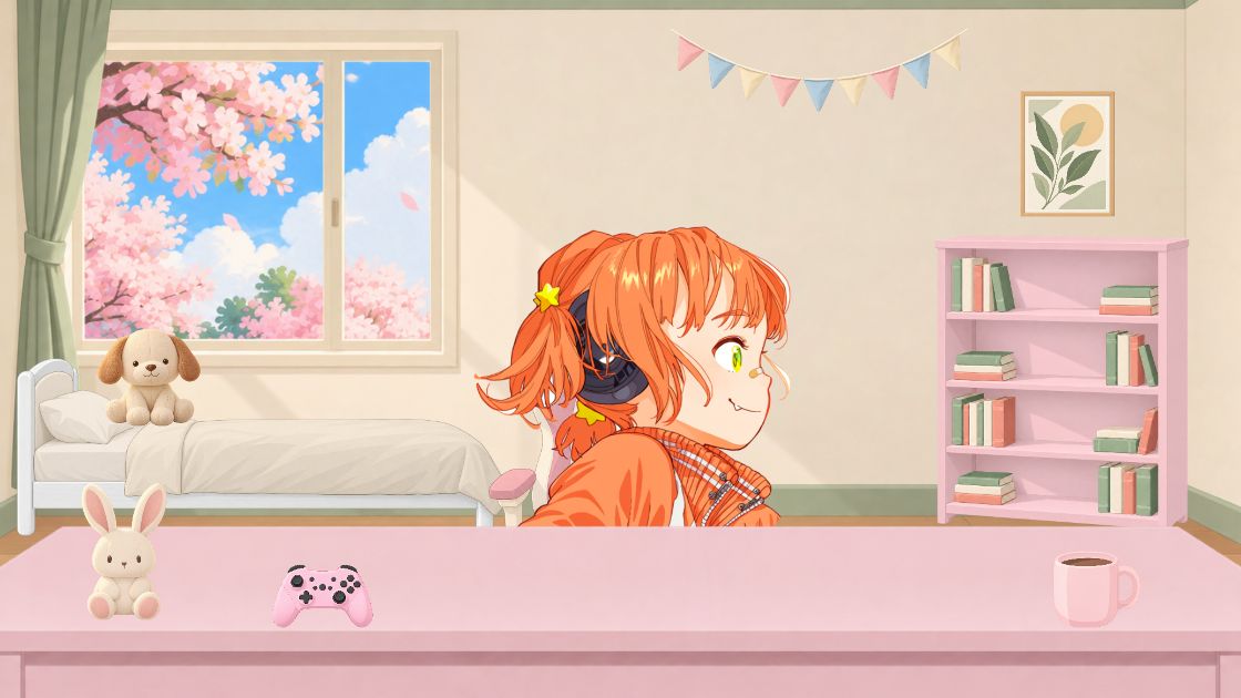 桜が見える部屋で、ピンクの机にぬいぐるみやコントローラー、横にモニターを置いて座るキャラクター。ピンクの本棚とガーランド